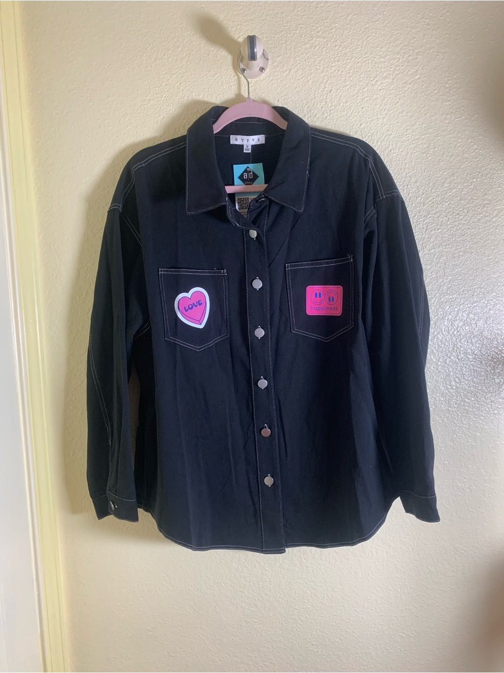 NWT HYFVE Black Jean Jacket with Pink Patch Details, Size S